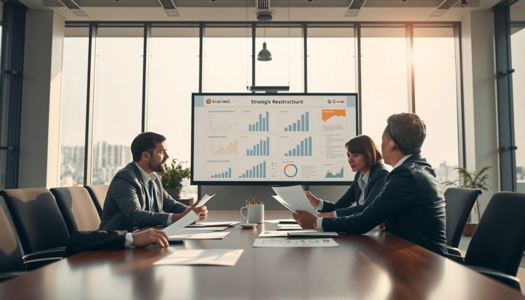 A professional business environment depicting a team engaged in a strategic restructuring meeting. In the foreground, a diverse group of four business professionals—two men and two women—are seated around a large conference table. They are dressed in professional attire, actively discussing and examining documents and digital devices, illustrating collaboration and brainstorming. In the middle, a large screen displays charts and graphs related to business growth and transformation. The background features large windows with sunlight pouring in, creating a bright and optimistic atmosphere. The overall mood is focused and motivated, suggesting progress and innovation. The scene is captured with a Sony A7R IV, 70mm lens, ensuring clarity and sharpness, enhanced by a polarized filter to enrich colors and contrast. A professional business environment depicting a team engaged in a strategic restructuring meeting. In the foreground, a diverse group of four business professionals—two men and two women—are seated around a large conference table. They are dressed in professional attire, actively discussing and examining documents and digital devices, illustrating collaboration and brainstorming. In the middle, a large screen displays charts and graphs related to business growth and transformation. The background features large windows with sunlight pouring in, creating a bright and optimistic atmosphere. The overall mood is focused and motivated, suggesting progress and innovation. The scene is captured with a Sony A7R IV, 70mm lens, ensuring clarity and sharpness, enhanced by a polarized filter to enrich colors and contrast.
