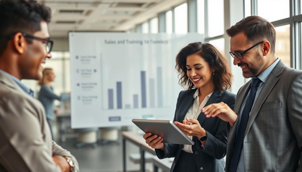 A professional business environment showcasing various career pathways in sales. In the foreground, a diverse group of three business professionals, two men and one woman, dressed in business attire, are engaged in an animated discussion over a digital tablet. In the middle ground, a sleek wall chart illustrates sales growth and training opportunities, with arrows pointing toward different career advancements in sales. The background features a modern office with large windows, allowing natural light to flood the space, creating a vibrant yet focused atmosphere. The composition is sharply defined with clear focus, captured as if shot on a Sony A7R IV with a 70mm lens and polarized filter, emphasizing detail and clarity. A professional business environment showcasing various career pathways in sales. In the foreground, a diverse group of three business professionals, two men and one woman, dressed in business attire, are engaged in an animated discussion over a digital tablet. In the middle ground, a sleek wall chart illustrates sales growth and training opportunities, with arrows pointing toward different career advancements in sales. The background features a modern office with large windows, allowing natural light to flood the space, creating a vibrant yet focused atmosphere. The composition is sharply defined with clear focus, captured as if shot on a Sony A7R IV with a 70mm lens and polarized filter, emphasizing detail and clarity.