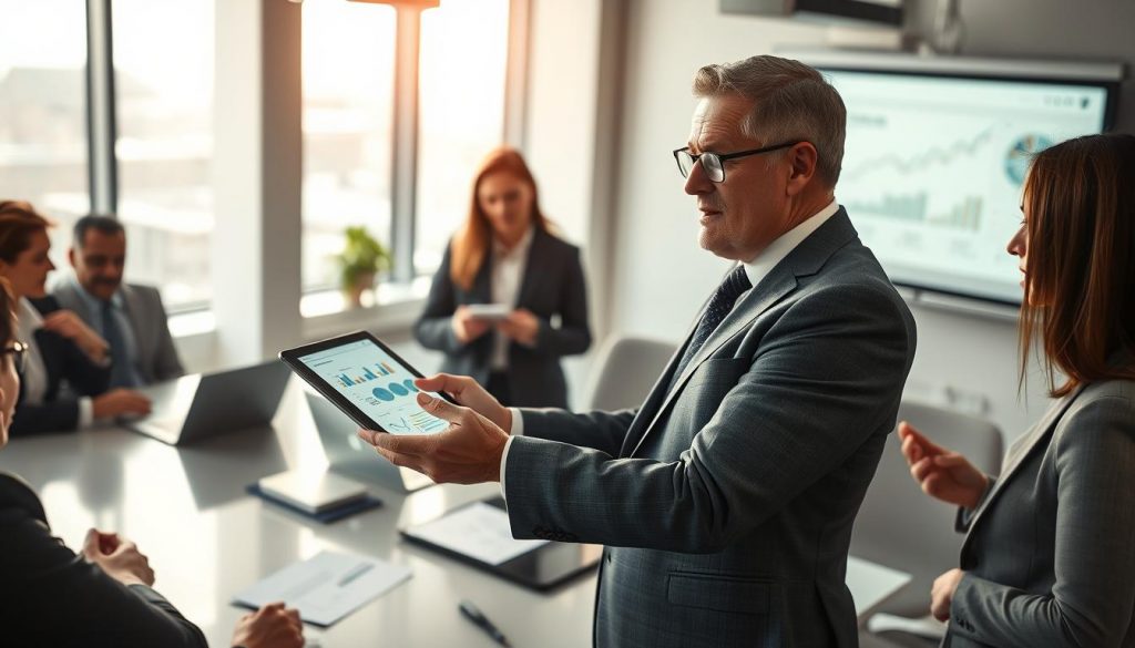 A professional business meeting in a modern office environment, focusing on a diverse group of business professionals engaged in a strategic discussion about corporate sales. In the foreground, a middle-aged male executive in a tailored suit presents data on a tablet, animatedly detailing preparation strategies. Beside him, a female financial analyst in business attire takes notes. The background features a sleek conference table with laptops, papers, and a projector displaying graphs. The office has large windows allowing natural light to flood in, creating a bright and open atmosphere with a hint of urgency. Shot with a Sony A7R IV at 70mm, the image has clear focus and sharp definition, enhanced by a polarized filter for vivid colors and contrast. The mood conveys professionalism, seriousness, and a forward-looking perspective toward planning for 2026. A professional business meeting in a modern office environment, focusing on a diverse group of business professionals engaged in a strategic discussion about corporate sales. In the foreground, a middle-aged male executive in a tailored suit presents data on a tablet, animatedly detailing preparation strategies. Beside him, a female financial analyst in business attire takes notes. The background features a sleek conference table with laptops, papers, and a projector displaying graphs. The office has large windows allowing natural light to flood in, creating a bright and open atmosphere with a hint of urgency. Shot with a Sony A7R IV at 70mm, the image has clear focus and sharp definition, enhanced by a polarized filter for vivid colors and contrast. The mood conveys professionalism, seriousness, and a forward-looking perspective toward planning for 2026.