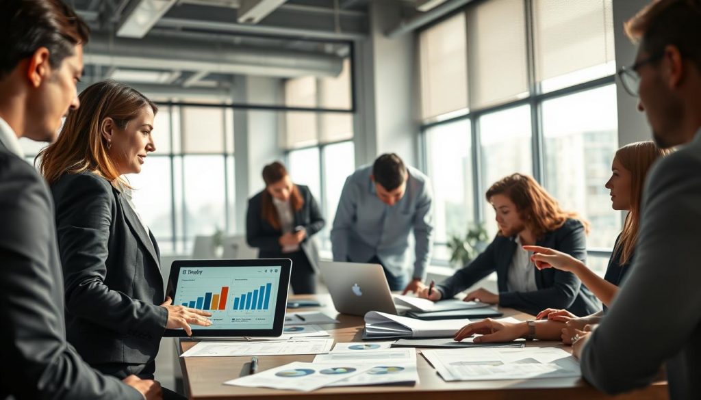 A professional business meeting in a modern office environment, showcasing a diverse group of individuals engaged in lively discussion about market validation strategies. In the foreground, a woman in a sleek business suit gestures towards a digital tablet displaying graphs and data. In the middle ground, a man in smart casual attire leans over a table filled with market research documents and a laptop. In the background, large windows let in natural light, casting soft shadows across the room. The atmosphere is dynamic and focused, emphasizing collaboration and innovation. The image is shot with a Sony A7R IV at 70mm, achieving a sharp focus and defined details through a polarized filter, enhancing the clarity and professional look. A professional business meeting in a modern office environment, showcasing a diverse group of individuals engaged in lively discussion about market validation strategies. In the foreground, a woman in a sleek business suit gestures towards a digital tablet displaying graphs and data. In the middle ground, a man in smart casual attire leans over a table filled with market research documents and a laptop. In the background, large windows let in natural light, casting soft shadows across the room. The atmosphere is dynamic and focused, emphasizing collaboration and innovation. The image is shot with a Sony A7R IV at 70mm, achieving a sharp focus and defined details through a polarized filter, enhancing the clarity and professional look.