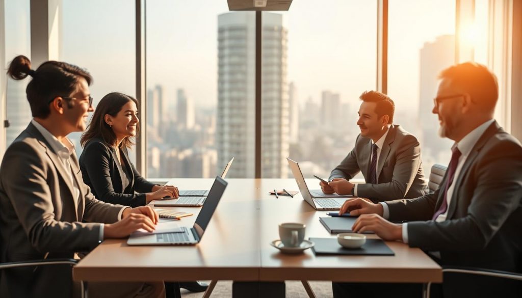 A professional business meeting scene illustrating effective collaboration between a personal consultant and clients. In the foreground, a diverse group of three professionals, one woman and two men, are engaged in animated discussion, all dressed in smart business attire. The middle ground features a modern conference table adorned with laptops, notebooks, and coffee cups, suggesting an active brainstorming session. In the background, a large window allows natural light to flood the room, illuminating a cityscape view, creating a dynamic and open atmosphere. The image should be shot with a Sony A7R IV at 70mm, producing crisp details and a depth of field that emphasizes the subjects while softly blurring the background, conveying an engaging and professional mood. A professional business meeting scene illustrating effective collaboration between a personal consultant and clients. In the foreground, a diverse group of three professionals, one woman and two men, are engaged in animated discussion, all dressed in smart business attire. The middle ground features a modern conference table adorned with laptops, notebooks, and coffee cups, suggesting an active brainstorming session. In the background, a large window allows natural light to flood the room, illuminating a cityscape view, creating a dynamic and open atmosphere. The image should be shot with a Sony A7R IV at 70mm, producing crisp details and a depth of field that emphasizes the subjects while softly blurring the background, conveying an engaging and professional mood.