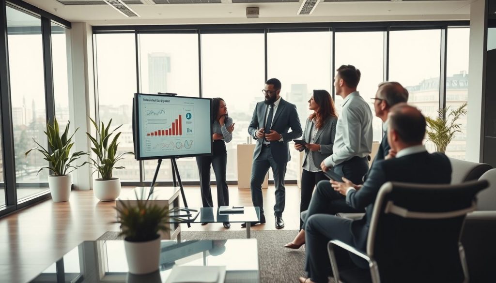 A professional business meeting taking place in a modern office space, reflecting the implementation of a pilot project. In the foreground, a diverse group of three professionals, dressed in smart business attire, are collaboratively discussing charts and data on a large digital screen. The middle ground features an open workspace with sleek furniture and a potted plant, conveying a sense of innovation and teamwork. The background showcases large windows with a cityscape view, allowing natural light to illuminate the scene, creating a warm and inviting atmosphere. Capture the image with a Sony A7R IV at 70mm, sharply focused and defined, using a polarized filter to enhance color vibrancy and reduce glare, emphasizing a mood of determination and progress. A professional business meeting taking place in a modern office space, reflecting the implementation of a pilot project. In the foreground, a diverse group of three professionals, dressed in smart business attire, are collaboratively discussing charts and data on a large digital screen. The middle ground features an open workspace with sleek furniture and a potted plant, conveying a sense of innovation and teamwork. The background showcases large windows with a cityscape view, allowing natural light to illuminate the scene, creating a warm and inviting atmosphere. Capture the image with a Sony A7R IV at 70mm, sharply focused and defined, using a polarized filter to enhance color vibrancy and reduce glare, emphasizing a mood of determination and progress.