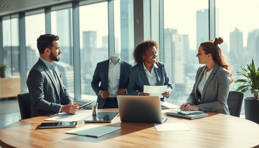 A professional business setting illustrating "strategic partner network." In the foreground, two business professionals of diverse backgrounds, one male and one female, are engaged in a meaningful conversation, dressed in professional business attire. The middle ground features a large round table with documents, laptops, and digital devices, symbolizing collaboration and strategy development. In the background, a glass wall displays an urban skyline, suggesting a dynamic business environment. The lighting is bright and inviting, with natural light pouring in, creating a warm and optimistic atmosphere. The image is shot at 70mm using a Sony A7R IV, with a sharply defined focus on the professionals while maintaining a slight blur on the background to enhance depth, all under a polarized filter for vivid colors and contrast. A professional business setting illustrating "strategic partner network." In the foreground, two business professionals of diverse backgrounds, one male and one female, are engaged in a meaningful conversation, dressed in professional business attire. The middle ground features a large round table with documents, laptops, and digital devices, symbolizing collaboration and strategy development. In the background, a glass wall displays an urban skyline, suggesting a dynamic business environment. The lighting is bright and inviting, with natural light pouring in, creating a warm and optimistic atmosphere. The image is shot at 70mm using a Sony A7R IV, with a sharply defined focus on the professionals while maintaining a slight blur on the background to enhance depth, all under a polarized filter for vivid colors and contrast.