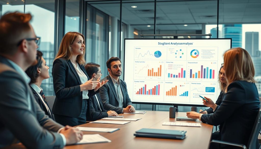 A professional business setting with a diverse group of individuals engaged in a Zielgruppenanalyse meeting. In the foreground, a confident female business analyst presents data on a large screen, showcasing charts and demographics tailored for B2B strategies. The middle layer features attentive colleagues, both male and female, taking notes and discussing ideas, dressed in business attire. The background includes a glass wall with city views, conveying a modern corporate atmosphere. The lighting is bright and focused, emphasizing a collaborative work environment. Shot on a Sony A7R IV at 70mm, with a polarized filter for clarity and contrast, creating a vibrant yet professional mood. A professional business setting with a diverse group of individuals engaged in a Zielgruppenanalyse meeting. In the foreground, a confident female business analyst presents data on a large screen, showcasing charts and demographics tailored for B2B strategies. The middle layer features attentive colleagues, both male and female, taking notes and discussing ideas, dressed in business attire. The background includes a glass wall with city views, conveying a modern corporate atmosphere. The lighting is bright and focused, emphasizing a collaborative work environment. Shot on a Sony A7R IV at 70mm, with a polarized filter for clarity and contrast, creating a vibrant yet professional mood.