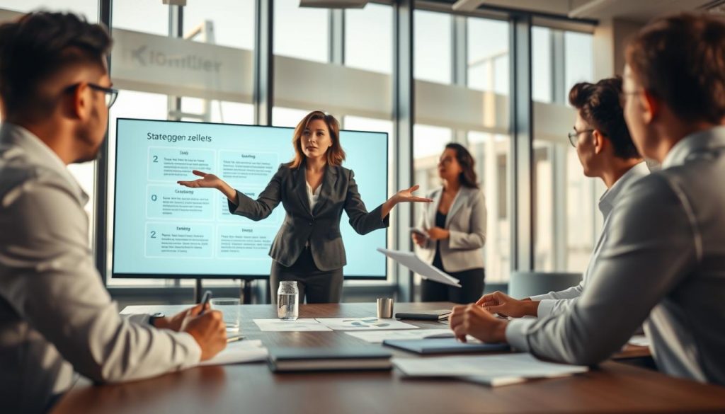 A professional business strategy meeting in a modern office setting, with a diverse group of four individuals actively engaged in discussion around a large conference table. In the foreground, a woman in a smart blazer gestures towards a digital presentation on a screen, illustrating key objectives and strategic goals (ziele). The middle ground features colleagues taking notes and brainstorming ideas, with charts and documents spread across the table. The background shows large windows with natural light streaming in, creating an inspiring atmosphere. The image captures a sense of collaboration and focus, inviting viewers into the strategic planning process. Shot on Sony A7R IV at 70mm, clearly focused and sharply defined, with a polarized filter enhancing the lighting. A professional business strategy meeting in a modern office setting, with a diverse group of four individuals actively engaged in discussion around a large conference table. In the foreground, a woman in a smart blazer gestures towards a digital presentation on a screen, illustrating key objectives and strategic goals (ziele). The middle ground features colleagues taking notes and brainstorming ideas, with charts and documents spread across the table. The background shows large windows with natural light streaming in, creating an inspiring atmosphere. The image captures a sense of collaboration and focus, inviting viewers into the strategic planning process. Shot on Sony A7R IV at 70mm, clearly focused and sharply defined, with a polarized filter enhancing the lighting.