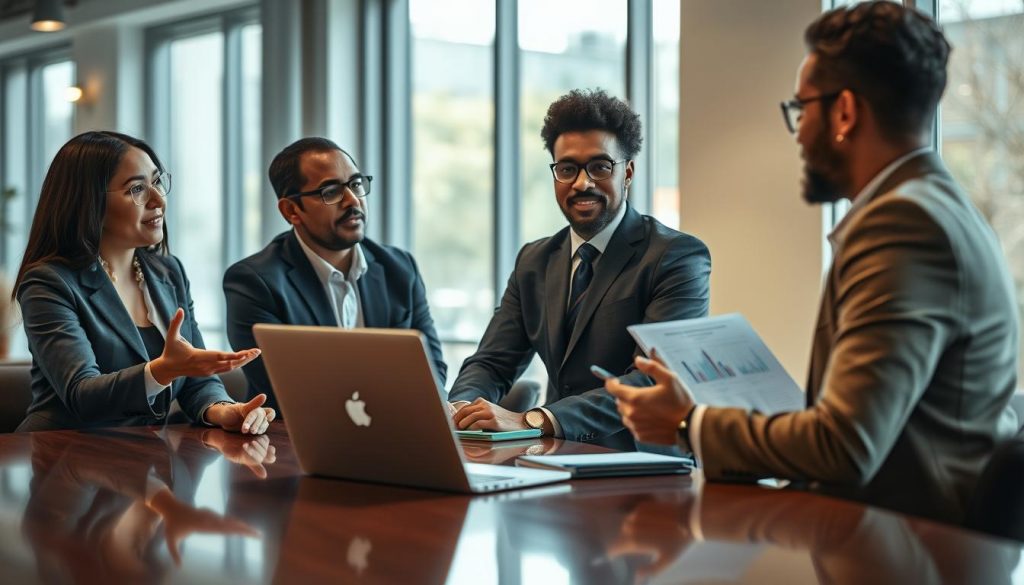 A professional coaching session for leaders, featuring a diverse group of three leaders in smart business attire, seated around a polished conference table. In the foreground, a confident coach gestures thoughtfully, facilitating a discussion. The middle ground captures engaged expressions of the leaders, deep in conversation and taking notes, with an open laptop displaying charts and graphs. The background reveals a modern office space with large windows, soft natural light illuminating the scene, creating a warm and inviting atmosphere. The image should convey a sense of collaboration and professional development, shot in sharp focus with a Sony A7R IV at 70mm, using a polarized filter for clarity and richness of colors. A professional coaching session for leaders, featuring a diverse group of three leaders in smart business attire, seated around a polished conference table. In the foreground, a confident coach gestures thoughtfully, facilitating a discussion. The middle ground captures engaged expressions of the leaders, deep in conversation and taking notes, with an open laptop displaying charts and graphs. The background reveals a modern office space with large windows, soft natural light illuminating the scene, creating a warm and inviting atmosphere. The image should convey a sense of collaboration and professional development, shot in sharp focus with a Sony A7R IV at 70mm, using a polarized filter for clarity and richness of colors.