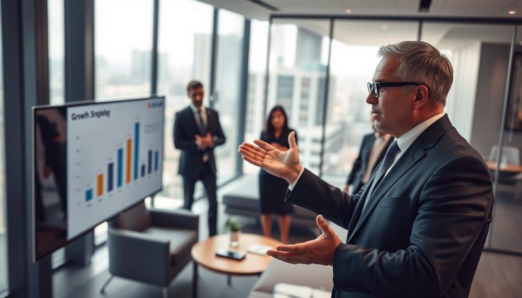 A professional interim manager in a modern office setting, confidently leading a team meeting. The foreground features a middle-aged Caucasian male in a tailored business suit, gesturing while presenting a growth strategy on a digital screen. In the middle ground, a diverse group of professionals (Caucasian, Hispanic, Black) in smart business attire actively engaging with the presentation, displaying expressions of interest and collaboration. The background showcases a sleek, contemporary office space with glass walls, urban city views, and modern furniture. Soft, diffused natural lighting enhances the atmosphere, giving a dynamic yet professional mood. Shot on Sony A7R IV with a 70mm lens, the image is sharply defined, showcasing rich details and a polished look, enhanced by a polarized filter for clarity. A professional interim manager in a modern office setting, confidently leading a team meeting. The foreground features a middle-aged Caucasian male in a tailored business suit, gesturing while presenting a growth strategy on a digital screen. In the middle ground, a diverse group of professionals (Caucasian, Hispanic, Black) in smart business attire actively engaging with the presentation, displaying expressions of interest and collaboration. The background showcases a sleek, contemporary office space with glass walls, urban city views, and modern furniture. Soft, diffused natural lighting enhances the atmosphere, giving a dynamic yet professional mood. Shot on Sony A7R IV with a 70mm lens, the image is sharply defined, showcasing rich details and a polished look, enhanced by a polarized filter for clarity.