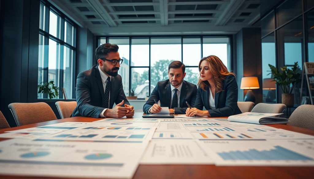 A professional, modern office setting with a diverse group of three businesspeople engaged in a strategic discussion around a large conference table. The foreground features detailed charts and documents spread out, depicting transaction structures and financial diagrams. The middle ground displays focused expressions on the individuals' faces, dressed in smart business attire, emphasizing collaboration. In the background, a large window allows soft natural light to filter in, creating a warm and inviting atmosphere. The shot is taken with a Sony A7R IV at 70mm, ensuring a sharply defined focus on the subjects and a slight blur on the background elements, enhancing the busy yet organized ambiance of a corporate environment. A professional, modern office setting with a diverse group of three businesspeople engaged in a strategic discussion around a large conference table. The foreground features detailed charts and documents spread out, depicting transaction structures and financial diagrams. The middle ground displays focused expressions on the individuals' faces, dressed in smart business attire, emphasizing collaboration. In the background, a large window allows soft natural light to filter in, creating a warm and inviting atmosphere. The shot is taken with a Sony A7R IV at 70mm, ensuring a sharply defined focus on the subjects and a slight blur on the background elements, enhancing the busy yet organized ambiance of a corporate environment.