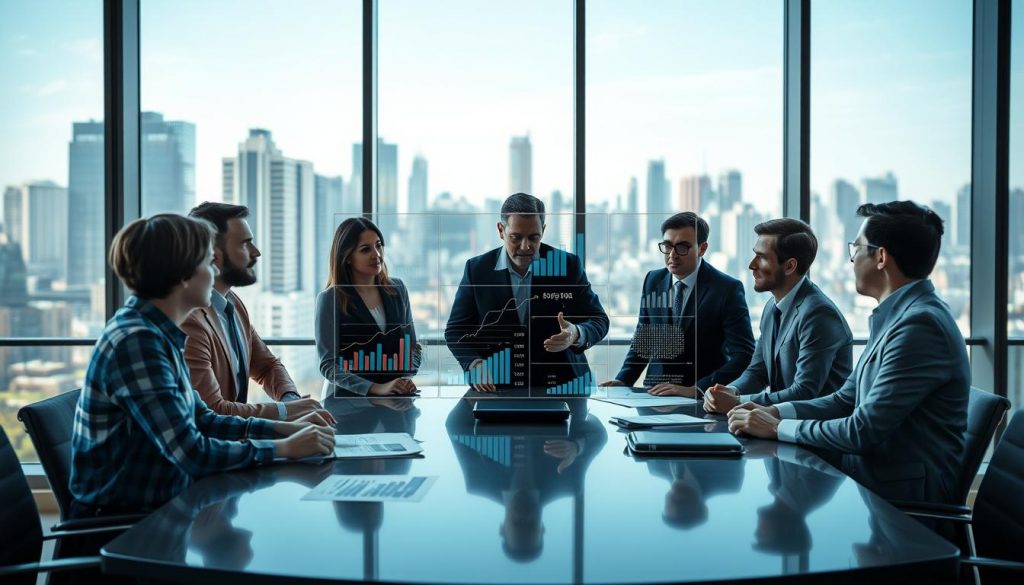 A professional sales team in a modern office setting, actively engaging in a strategic meeting around a sleek conference table. In the foreground, a diverse group of five individuals in professional attire, discussing graphs and data displayed on a large screen. The middle layer features a digital overlay of sales metrics and process flowcharts, symbolizing optimization. In the background, large windows reveal a bustling cityscape, filled with skyscrapers under bright, natural light. The atmosphere conveys teamwork and focus, with a sense of urgency and determination. Shot on a Sony A7R IV at 70mm, utilizing a polarized filter for sharp definition and clarity, capturing detailed expressions and dynamic interactions. A professional sales team in a modern office setting, actively engaging in a strategic meeting around a sleek conference table. In the foreground, a diverse group of five individuals in professional attire, discussing graphs and data displayed on a large screen. The middle layer features a digital overlay of sales metrics and process flowcharts, symbolizing optimization. In the background, large windows reveal a bustling cityscape, filled with skyscrapers under bright, natural light. The atmosphere conveys teamwork and focus, with a sense of urgency and determination. Shot on a Sony A7R IV at 70mm, utilizing a polarized filter for sharp definition and clarity, capturing detailed expressions and dynamic interactions.