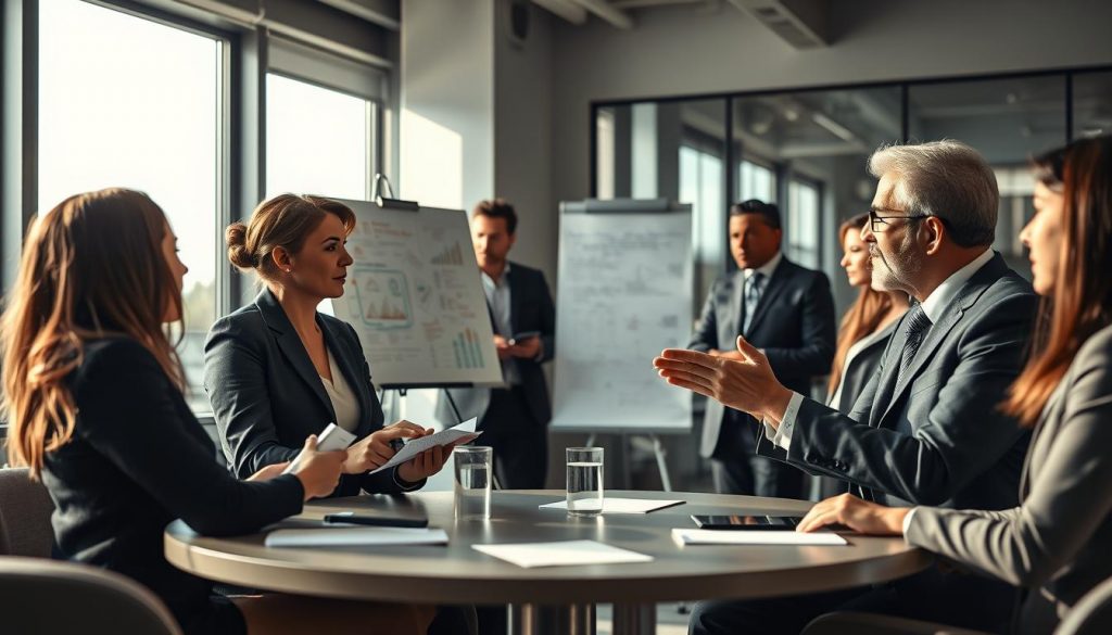 A professional team engaged in a lively feedback session in a modern office setting, with a round table surrounded by individuals of diverse ethnicities dressed in smart business attire. In the foreground, a woman takes notes while attentively listening to a male colleague, who is gesturing actively to emphasize his point. In the middle background, another team member is thoughtfully reflecting, while a flip chart with diagrams of communication flows stands nearby. Abundant natural light pours through large windows, creating a warm ambiance, while the sharp focus of the image captures the expressive faces of the participants. The scene is shot with a Sony A7R IV at 70mm, utilizing a polarized filter to enhance clarity and color vibrancy. The overall mood is collaborative and energetic, emphasizing the importance of communication and feedback in team learning. A professional team engaged in a lively feedback session in a modern office setting, with a round table surrounded by individuals of diverse ethnicities dressed in smart business attire. In the foreground, a woman takes notes while attentively listening to a male colleague, who is gesturing actively to emphasize his point. In the middle background, another team member is thoughtfully reflecting, while a flip chart with diagrams of communication flows stands nearby. Abundant natural light pours through large windows, creating a warm ambiance, while the sharp focus of the image captures the expressive faces of the participants. The scene is shot with a Sony A7R IV at 70mm, utilizing a polarized filter to enhance clarity and color vibrancy. The overall mood is collaborative and energetic, emphasizing the importance of communication and feedback in team learning.