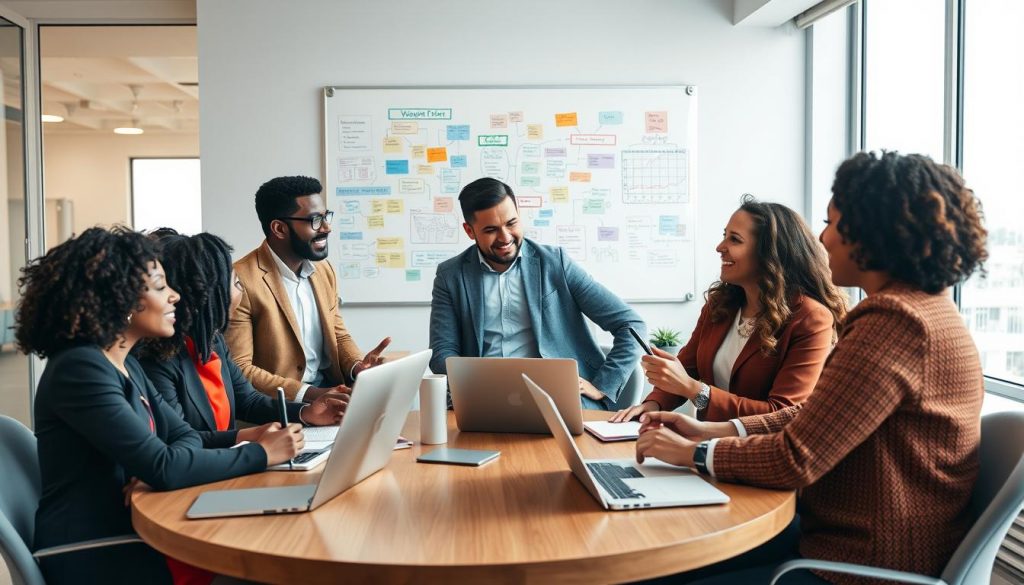 A vibrant and dynamic office meeting scene showing diverse professionals actively engaged in a collaborative discussion. In the foreground, a mixed group of three individuals of different ethnicities, wearing professional business attire, are animatedly sharing ideas around a round conference table with laptops and notepads. The middle ground features a wall with a whiteboard filled with colorful mind maps and bullet points, indicating brainstorming in progress. The background includes large windows letting in soft, natural light, creating an open and inspiring atmosphere. The image is shot with a Sony A7R IV at 70mm, showcasing sharp focus on the foreground subjects, with a polarized filter enhancing clarity and vibrancy, evoking a mood of productive teamwork and creativity. A vibrant and dynamic office meeting scene showing diverse professionals actively engaged in a collaborative discussion. In the foreground, a mixed group of three individuals of different ethnicities, wearing professional business attire, are animatedly sharing ideas around a round conference table with laptops and notepads. The middle ground features a wall with a whiteboard filled with colorful mind maps and bullet points, indicating brainstorming in progress. The background includes large windows letting in soft, natural light, creating an open and inspiring atmosphere. The image is shot with a Sony A7R IV at 70mm, showcasing sharp focus on the foreground subjects, with a polarized filter enhancing clarity and vibrancy, evoking a mood of productive teamwork and creativity.
