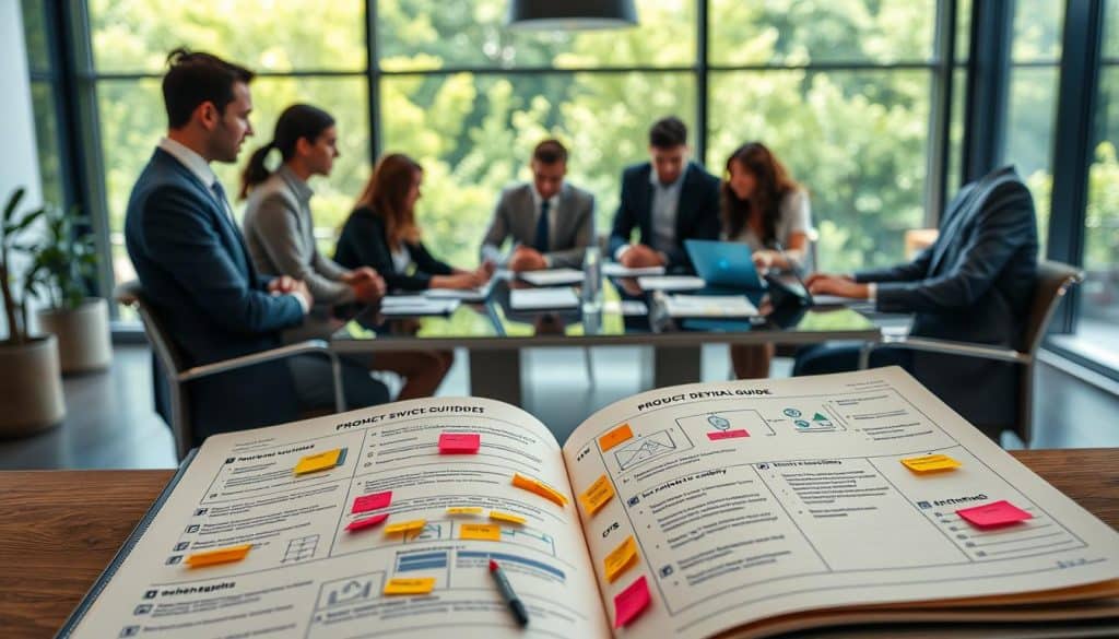 A well-organized workspace showcasing a comprehensive product development guide. In the foreground, a detailed open notebook filled with diagrams, flowcharts, and colorful sticky notes, emphasizing the stages from concept to market readiness. In the middle ground, a diverse group of professionals in smart business attire discussing ideas around a sleek conference table, with digital devices and laptops displaying prototypes and graphs. The background features large windows letting in natural light, creating a bright, optimistic atmosphere, with greenery visible outside. Shot on a Sony A7R IV at 70mm, the image is sharply defined with a polarized filter, highlighting the professionalism and collaboration in product management processes. No text or watermarks should be present. A well-organized workspace showcasing a comprehensive product development guide. In the foreground, a detailed open notebook filled with diagrams, flowcharts, and colorful sticky notes, emphasizing the stages from concept to market readiness. In the middle ground, a diverse group of professionals in smart business attire discussing ideas around a sleek conference table, with digital devices and laptops displaying prototypes and graphs. The background features large windows letting in natural light, creating a bright, optimistic atmosphere, with greenery visible outside. Shot on a Sony A7R IV at 70mm, the image is sharply defined with a polarized filter, highlighting the professionalism and collaboration in product management processes. No text or watermarks should be present.
