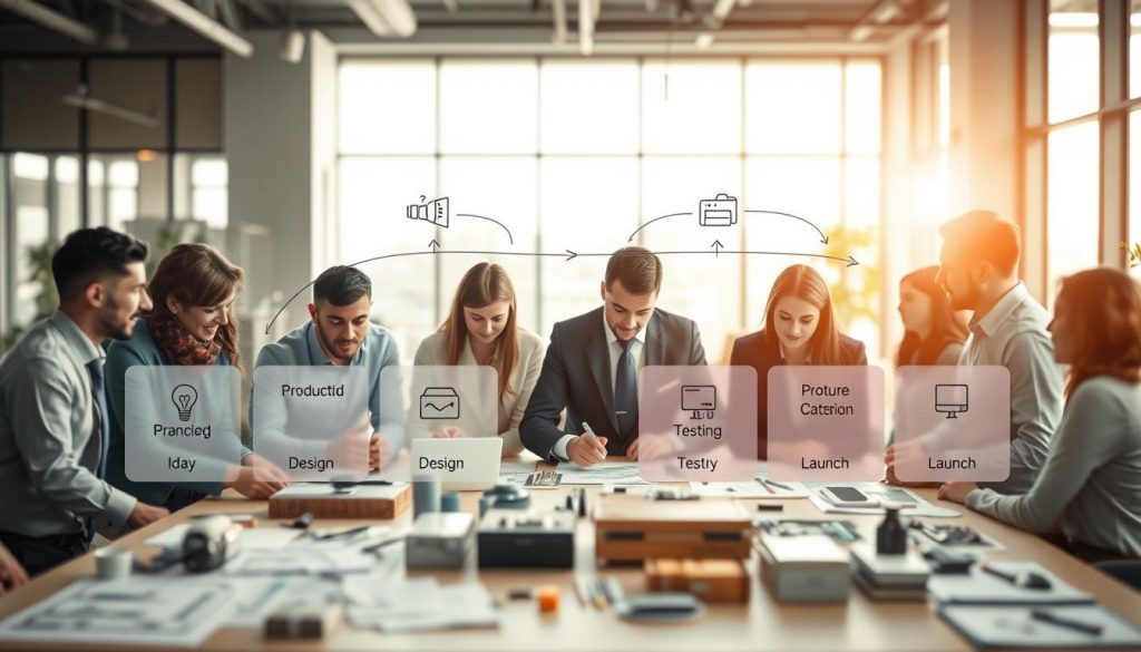 A clear and vibrant illustration of the "Product Development Process," depicting a multi-layered workflow. In the foreground, a dynamic team of diverse professionals, dressed in smart business attire, collaborates around a large table covered with product prototypes and design sketches. In the middle ground, various stages of product development are visualized as interconnected phases—ideation, design, prototyping, testing, and launch—represented with distinct icons and flowing arrows. The background showcases a modern office space with large windows, allowing natural light to illuminate the scene. The atmosphere is focused and collaborative, capturing the essence of innovation. Shot on a Sony A7R IV at 70mm with a polarized filter, ensuring sharp definition and clarity in detail. A clear and vibrant illustration of the "Product Development Process," depicting a multi-layered workflow. In the foreground, a dynamic team of diverse professionals, dressed in smart business attire, collaborates around a large table covered with product prototypes and design sketches. In the middle ground, various stages of product development are visualized as interconnected phases—ideation, design, prototyping, testing, and launch—represented with distinct icons and flowing arrows. The background showcases a modern office space with large windows, allowing natural light to illuminate the scene. The atmosphere is focused and collaborative, capturing the essence of innovation. Shot on a Sony A7R IV at 70mm with a polarized filter, ensuring sharp definition and clarity in detail.
