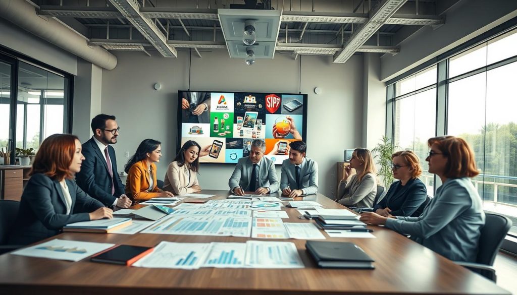 A dynamic office scene illustrating the essence of product marketing. In the foreground, a diverse group of professionals in smart business attire are engaged in a brainstorming session, with charts and graphs spread on a large conference table. In the middle ground, a large screen displays colorful visuals of different products, showcasing various marketing strategies. The background features a modern office with large windows letting in natural light, casting soft shadows. The overall atmosphere is collaborative and innovative, reflecting a vibrant and busy work environment. Capture this scene with a Sony A7R IV at 70mm, ensuring sharp focus and clarity, with a polarized filter enhancing color vibrancy and contrast to emphasize the engaging elements of product marketing. A dynamic office scene illustrating the essence of product marketing. In the foreground, a diverse group of professionals in smart business attire are engaged in a brainstorming session, with charts and graphs spread on a large conference table. In the middle ground, a large screen displays colorful visuals of different products, showcasing various marketing strategies. The background features a modern office with large windows letting in natural light, casting soft shadows. The overall atmosphere is collaborative and innovative, reflecting a vibrant and busy work environment. Capture this scene with a Sony A7R IV at 70mm, ensuring sharp focus and clarity, with a polarized filter enhancing color vibrancy and contrast to emphasize the engaging elements of product marketing.