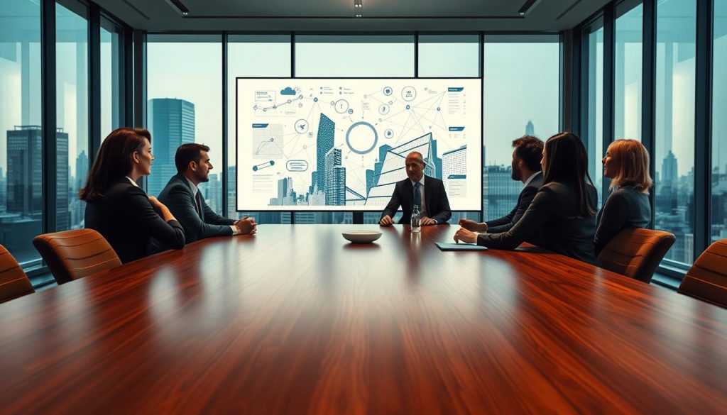 A dynamic office setting in the foreground with a polished wooden conference table surrounded by executives in professional business attire engaged in a deep discussion about complexity management challenges. In the middle ground, an illuminated screen displays intricate graphs and flowcharts symbolizing complexity and strategy. The background features a sleek city skyline visible through large glass windows, suggesting a modern corporate environment. The lighting is warm and inviting, with soft shadows that create a professional yet approachable atmosphere. The image is captured with a Sony A7R IV at 70mm, ensuring sharp focus and clarity, enhanced with a polarized filter for rich colors and contrasts. The overall mood is one of collaboration and strategic thinking, reflecting current trends in executive consulting. A dynamic office setting in the foreground with a polished wooden conference table surrounded by executives in professional business attire engaged in a deep discussion about complexity management challenges. In the middle ground, an illuminated screen displays intricate graphs and flowcharts symbolizing complexity and strategy. The background features a sleek city skyline visible through large glass windows, suggesting a modern corporate environment. The lighting is warm and inviting, with soft shadows that create a professional yet approachable atmosphere. The image is captured with a Sony A7R IV at 70mm, ensuring sharp focus and clarity, enhanced with a polarized filter for rich colors and contrasts. The overall mood is one of collaboration and strategic thinking, reflecting current trends in executive consulting.