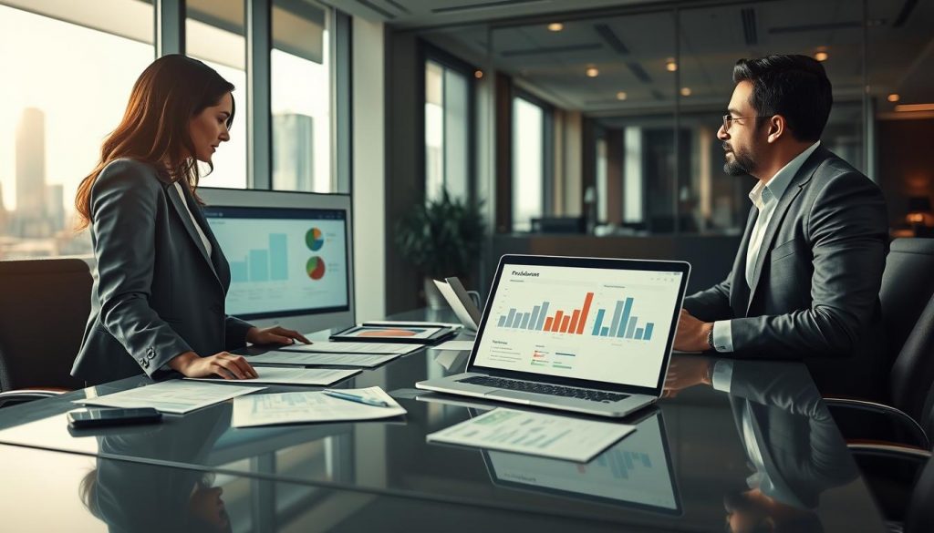 A modern office conference room setting featuring a diverse group of three professionals engaging in a dynamic discussion around a sleek table filled with product management documents and digital devices. The foreground shows a woman in a tailored blazer and a man in business casual attire, both looking intently at a digital presentation on a large screen. In the middle, an open laptop displays graphs and strategies, while the background features a large window with natural light pouring in, highlighting the city skyline. Soft, warm lighting creates a collaborative and innovative atmosphere. The image is sharply focused, with a slight bokeh effect on the background, shot with a Sony A7R IV at 70mm, using a polarized filter for enhanced clarity and vibrancy. A modern office conference room setting featuring a diverse group of three professionals engaging in a dynamic discussion around a sleek table filled with product management documents and digital devices. The foreground shows a woman in a tailored blazer and a man in business casual attire, both looking intently at a digital presentation on a large screen. In the middle, an open laptop displays graphs and strategies, while the background features a large window with natural light pouring in, highlighting the city skyline. Soft, warm lighting creates a collaborative and innovative atmosphere. The image is sharply focused, with a slight bokeh effect on the background, shot with a Sony A7R IV at 70mm, using a polarized filter for enhanced clarity and vibrancy.