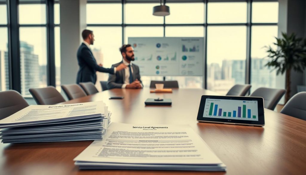 A modern office environment with a long conference table set up for a meeting. In the foreground, a stack of neatly arranged documents labeled "Service Level Agreements" alongside a laptop and a digital tablet displaying graphs and metrics related to sales and marketing alignment. In the middle ground, two diverse professionals engaged in discussion, one gesturing towards a visual chart on the wall illustrating process transparency. The background features large windows letting in natural light with a cityscape view, creating an atmosphere of collaboration and professionalism. Shot on a Sony A7R IV 70mm lens with a polarized filter, capturing sharp details and vibrant colors, conveying a sense of clarity and purpose. A modern office environment with a long conference table set up for a meeting. In the foreground, a stack of neatly arranged documents labeled "Service Level Agreements" alongside a laptop and a digital tablet displaying graphs and metrics related to sales and marketing alignment. In the middle ground, two diverse professionals engaged in discussion, one gesturing towards a visual chart on the wall illustrating process transparency. The background features large windows letting in natural light with a cityscape view, creating an atmosphere of collaboration and professionalism. Shot on a Sony A7R IV 70mm lens with a polarized filter, capturing sharp details and vibrant colors, conveying a sense of clarity and purpose.