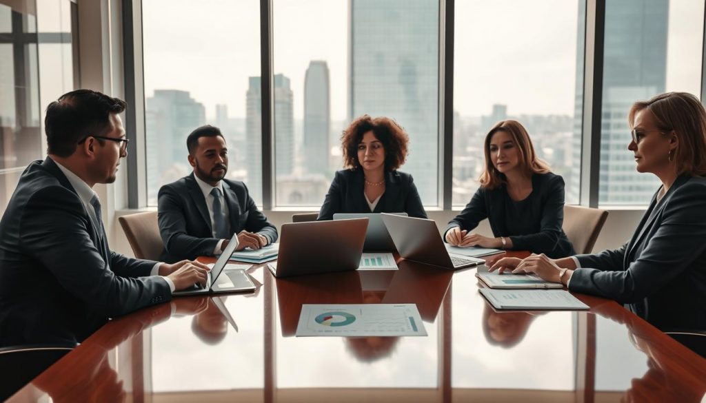 A professional business meeting setting focused on "firma wert einschätzung" in the foreground. A diverse group of four business professionals, two men and two women, are seated around a polished conference table, engaged in discussion. They are dressed in smart business attire, with laptops, notepads, and documents displaying financial graphs. In the middle layer, a large window allows natural light to fill the room, casting soft shadows, while a modern office interior hints at a corporate environment. In the background, a sleek cityscape is visible through the glass, symbolizing the competitive market. The atmosphere is serious yet collaborative, with a warm color palette. Shot on a Sony A7R IV, 70mm, clearly focused and sharply defined, utilizing a polarized filter for enhanced detail and vibrancy. A professional business meeting setting focused on "firma wert einschätzung" in the foreground. A diverse group of four business professionals, two men and two women, are seated around a polished conference table, engaged in discussion. They are dressed in smart business attire, with laptops, notepads, and documents displaying financial graphs. In the middle layer, a large window allows natural light to fill the room, casting soft shadows, while a modern office interior hints at a corporate environment. In the background, a sleek cityscape is visible through the glass, symbolizing the competitive market. The atmosphere is serious yet collaborative, with a warm color palette. Shot on a Sony A7R IV, 70mm, clearly focused and sharply defined, utilizing a polarized filter for enhanced detail and vibrancy.