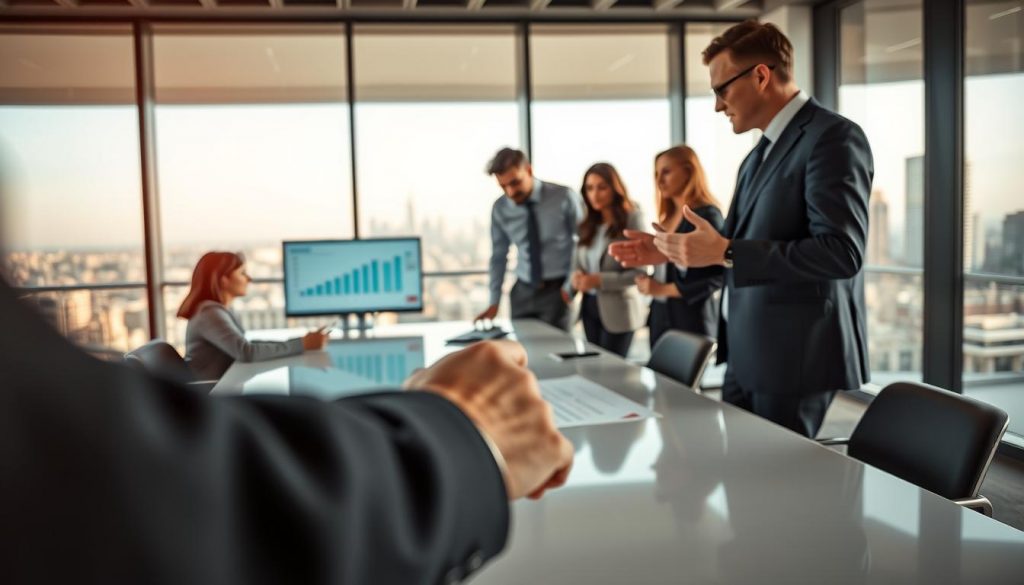 A professional interim manager in a modern office setting, dressed in a smart business suit, is engaged in a discussion with a small group of diverse colleagues around a sleek conference table. The foreground features a close-up of hands gesturing and pointing at documents, emphasizing collaboration. In the middle ground, the team is brainstorming ideas, with digital screens displaying charts and project timelines that represent organizational change. The background showcases a panoramic view of a city skyline through large glass windows, illuminated by natural light, creating an atmosphere of focus and productivity. The image should be shot with a Sony A7R IV at 70mm, with clear focus and sharp details, using a polarized filter to enhance colors and contrasts. A professional interim manager in a modern office setting, dressed in a smart business suit, is engaged in a discussion with a small group of diverse colleagues around a sleek conference table. The foreground features a close-up of hands gesturing and pointing at documents, emphasizing collaboration. In the middle ground, the team is brainstorming ideas, with digital screens displaying charts and project timelines that represent organizational change. The background showcases a panoramic view of a city skyline through large glass windows, illuminated by natural light, creating an atmosphere of focus and productivity. The image should be shot with a Sony A7R IV at 70mm, with clear focus and sharp details, using a polarized filter to enhance colors and contrasts.