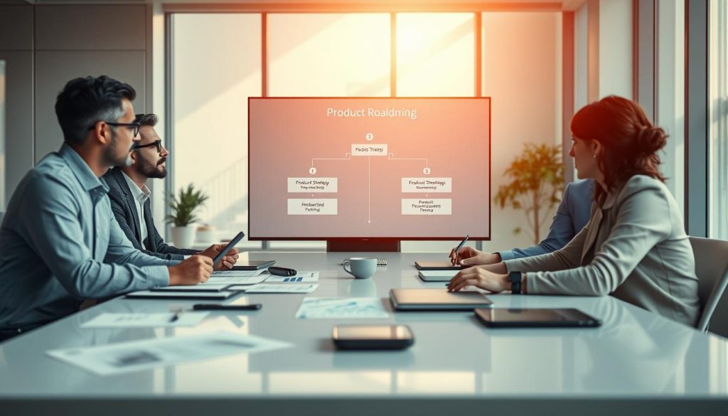 A professional setting depicting the "Foundations of Product Planning." In the foreground, a diverse team of three business professionals—two men and one woman—are engaged in a strategic discussion around a sleek, modern conference table filled with graphs, charts, and digital devices. The middle ground features a large screen displaying a flowchart that contrasts Product Strategy and Product Roadmap, with icons and arrows illustrating their differences and interplay. In the background, a minimalist office space with large windows allowing soft, natural light to illuminate the scene, enhancing the collaborative atmosphere. Shot on a Sony A7R IV with a 70mm lens, clearly focused and sharply defined, using a polarized filter to bring out the rich colors and details. The mood is professional and dynamic, reflecting innovation and teamwork. A professional setting depicting the "Foundations of Product Planning." In the foreground, a diverse team of three business professionals—two men and one woman—are engaged in a strategic discussion around a sleek, modern conference table filled with graphs, charts, and digital devices. The middle ground features a large screen displaying a flowchart that contrasts Product Strategy and Product Roadmap, with icons and arrows illustrating their differences and interplay. In the background, a minimalist office space with large windows allowing soft, natural light to illuminate the scene, enhancing the collaborative atmosphere. Shot on a Sony A7R IV with a 70mm lens, clearly focused and sharply defined, using a polarized filter to bring out the rich colors and details. The mood is professional and dynamic, reflecting innovation and teamwork.