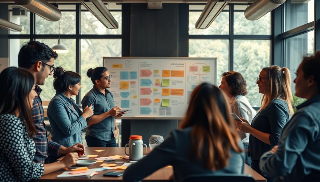 A vibrant, collaborative workspace illustrating the fundamentals of agile teamwork in a medium-sized business setting. In the foreground, a diverse group of professionals engages in an intense brainstorming session, dressed in smart casual attire, using sticky notes and digital devices. The middle ground features a large, interactive whiteboard filled with colorful diagrams and agile frameworks, symbolizing innovation and flexibility. In the background, large windows allow natural light to pour in, illuminating the modern office space with a warm atmosphere. The scene is shot with a Sony A7R IV at 70mm, ensuring sharp details and vivid colors, showcasing a sense of focused productivity and collaboration. The overall mood is dynamic and inspiring, emphasizing teamwork in agile product management. A vibrant, collaborative workspace illustrating the fundamentals of agile teamwork in a medium-sized business setting. In the foreground, a diverse group of professionals engages in an intense brainstorming session, dressed in smart casual attire, using sticky notes and digital devices. The middle ground features a large, interactive whiteboard filled with colorful diagrams and agile frameworks, symbolizing innovation and flexibility. In the background, large windows allow natural light to pour in, illuminating the modern office space with a warm atmosphere. The scene is shot with a Sony A7R IV at 70mm, ensuring sharp details and vivid colors, showcasing a sense of focused productivity and collaboration. The overall mood is dynamic and inspiring, emphasizing teamwork in agile product management.
